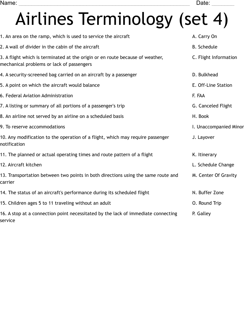 Airlines Terminology (set 4) Worksheet