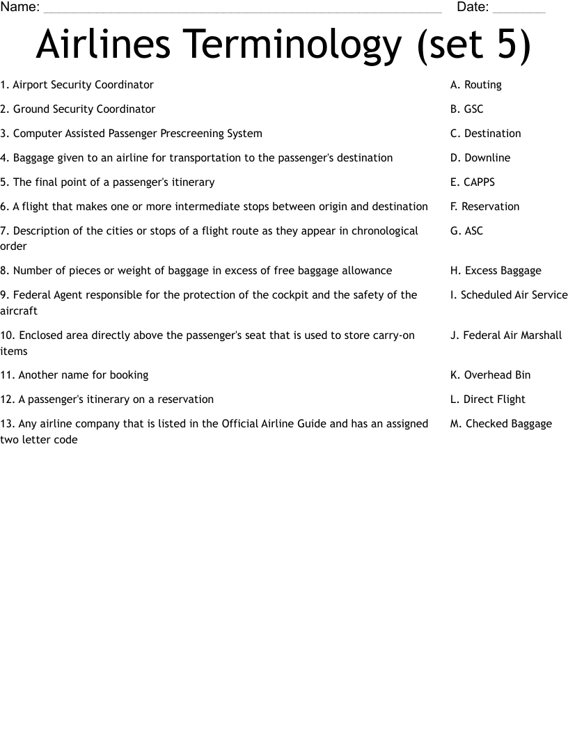 Airlines Terminology (set 5) Worksheet