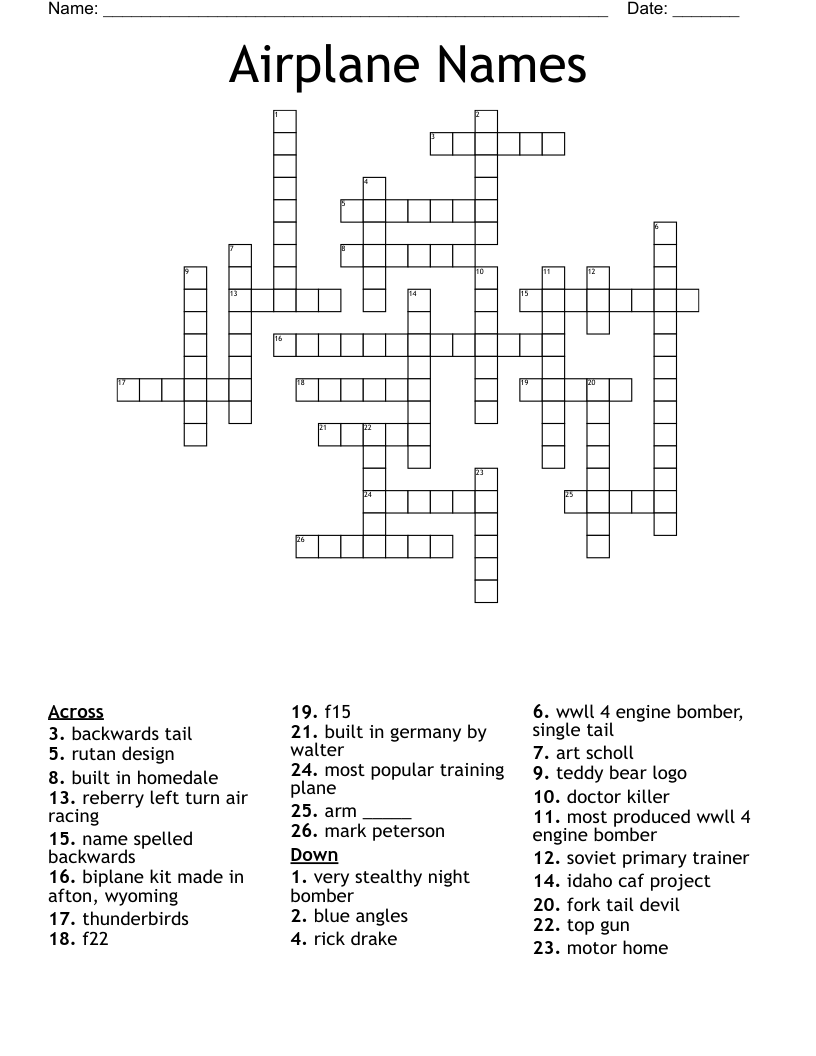 Airplane Names Crossword