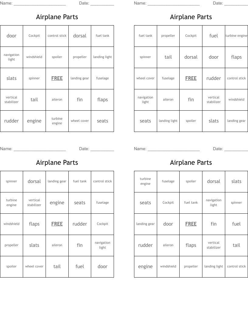 Airplane Parts Bingo Cards