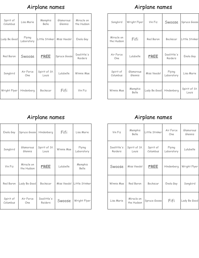 Airplane names Bingo Cards