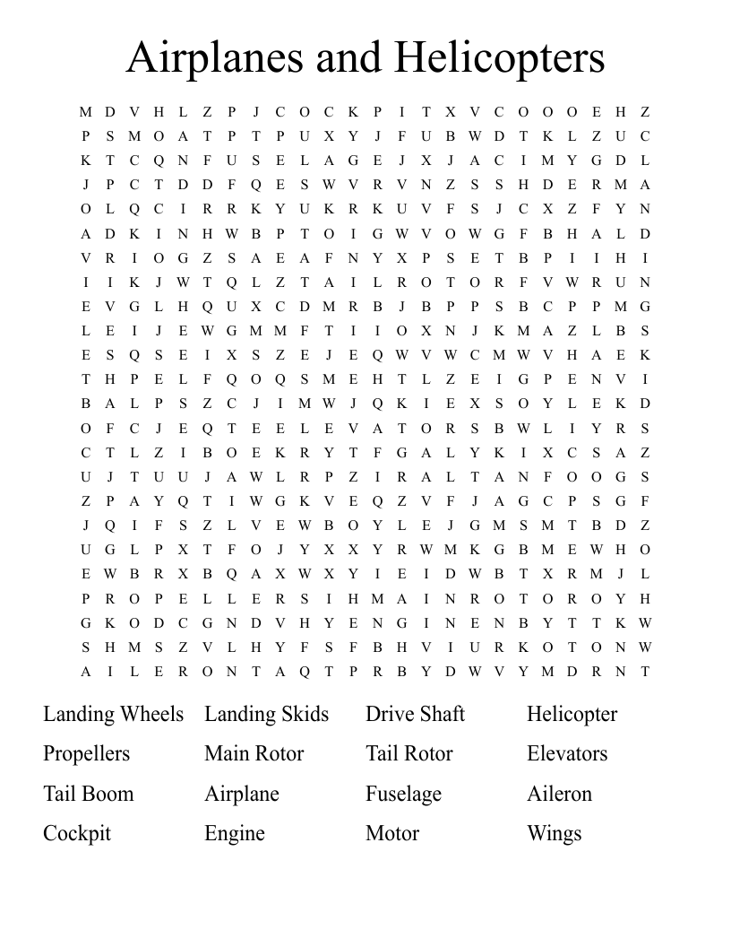 Airplanes and Helicopters Word Search