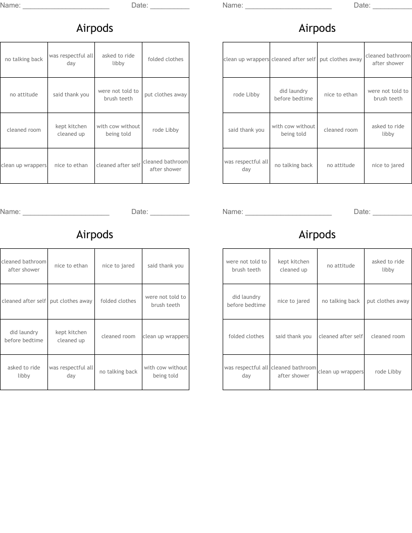 Airpods Bingo Cards