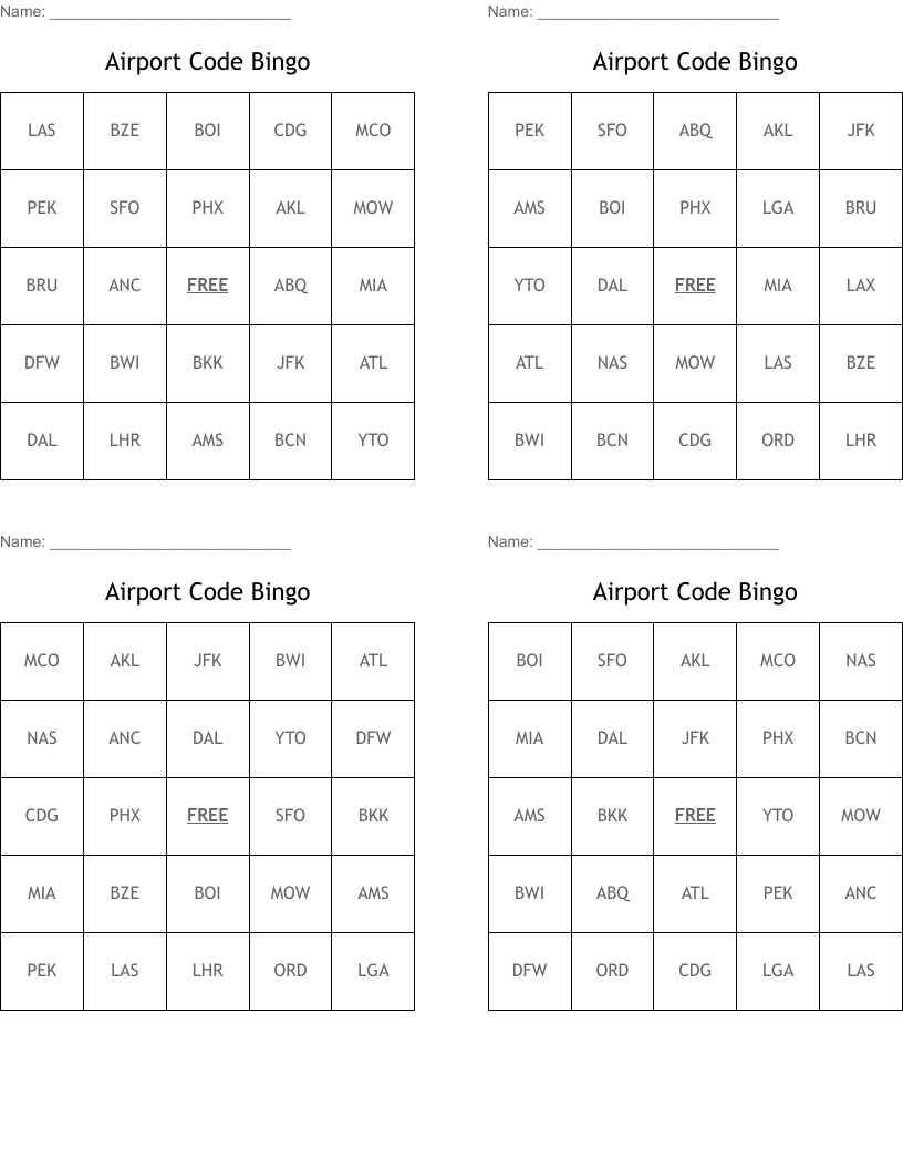 Airport Code Bingo