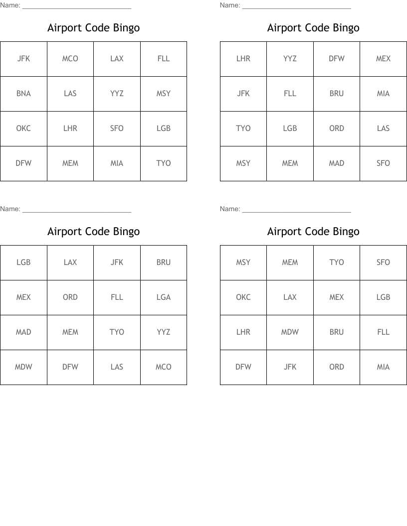 Airport Code Bingo