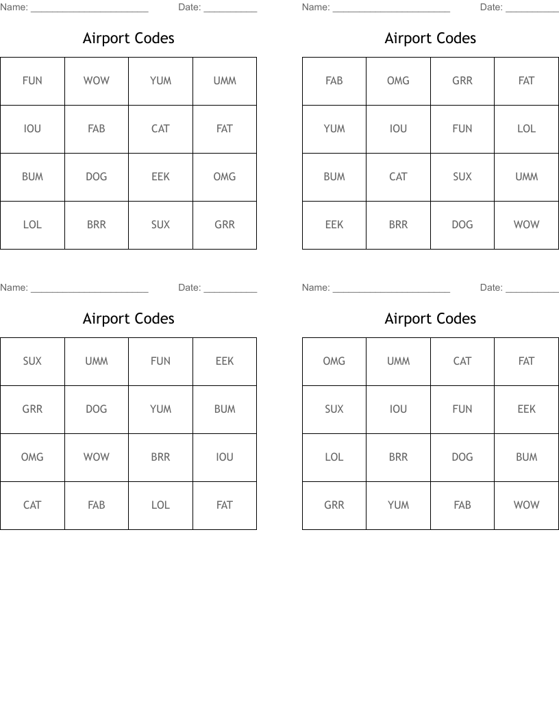 Airport Codes  Bingo Cards