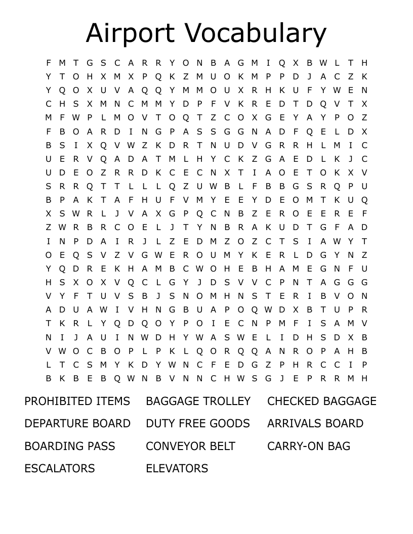 Airport Vocabulary Word Search