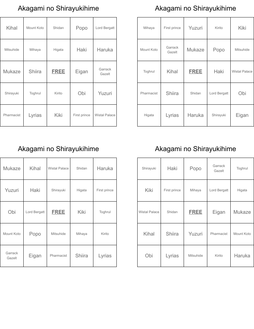 Akagami no Shirayukihime Bingo Cards