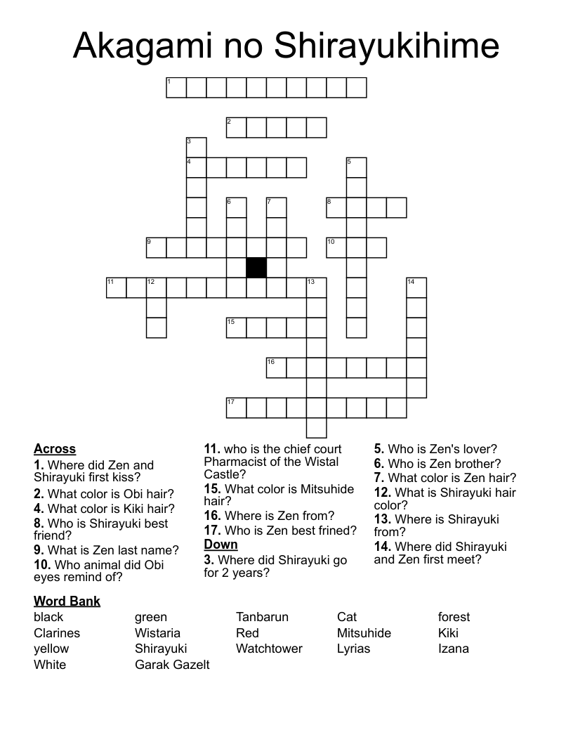 Akagami no Shirayukihime Crossword
