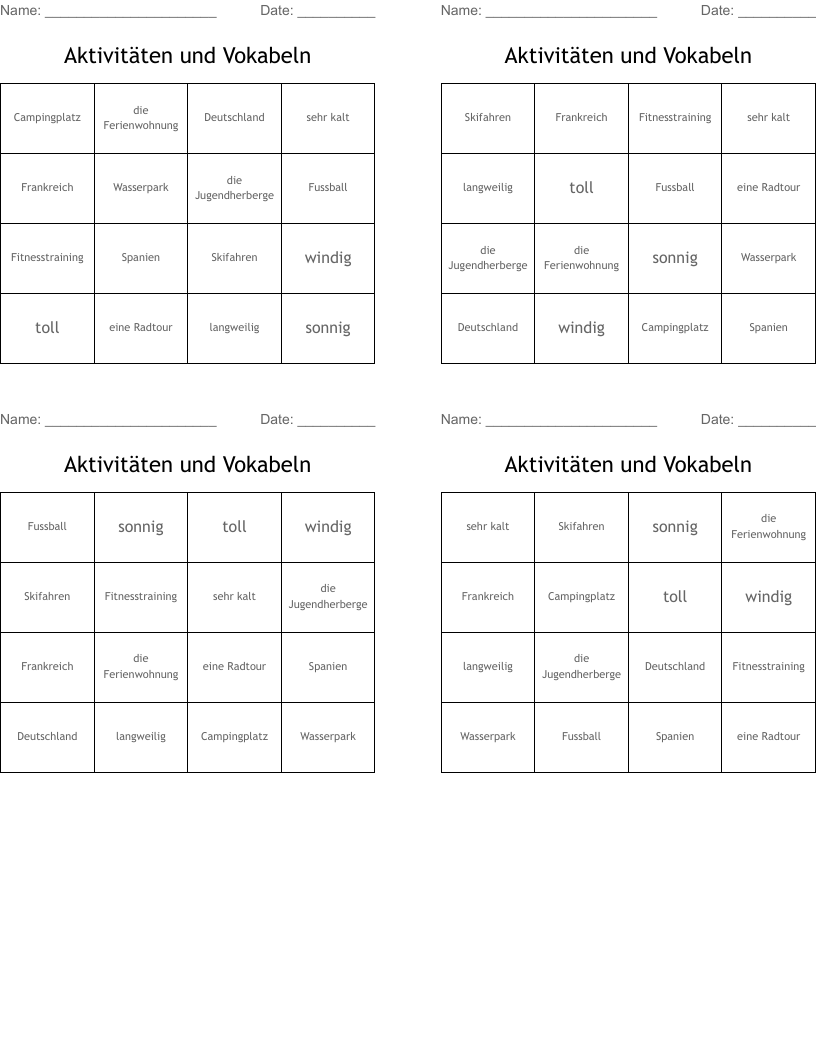 Aktivitäten und Vokabeln Bingo Cards