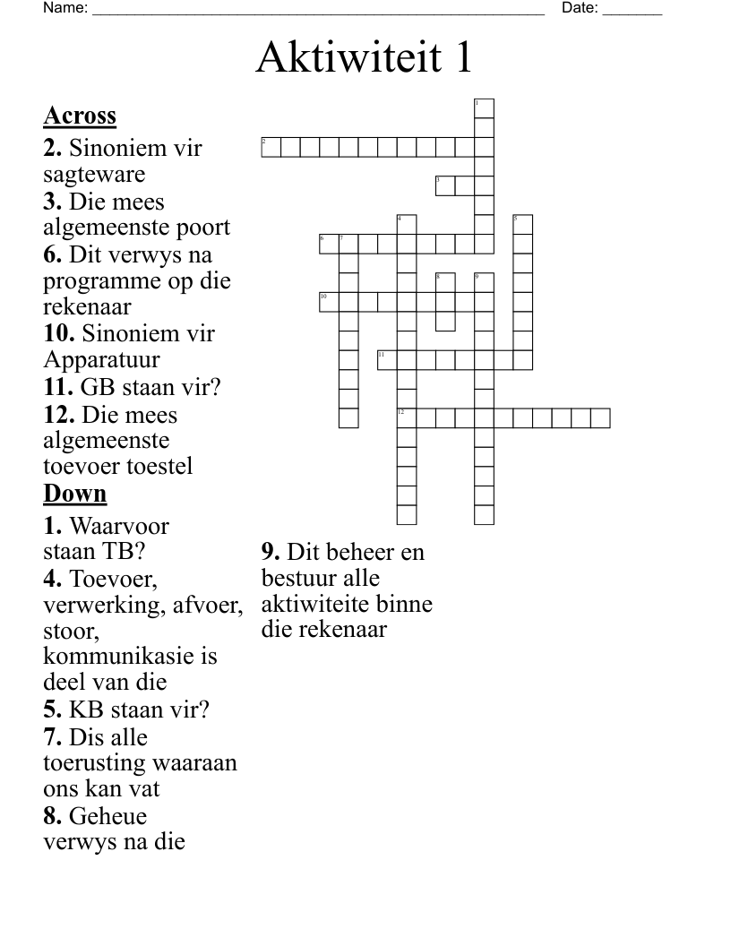 Aktiwiteit 1 Crossword