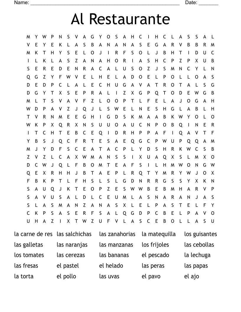 Al Restaurante Word Search