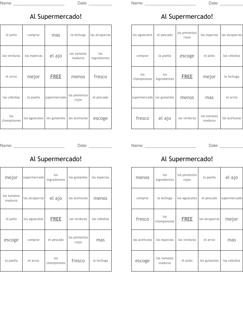 Al Supermercado! Bingo Cards