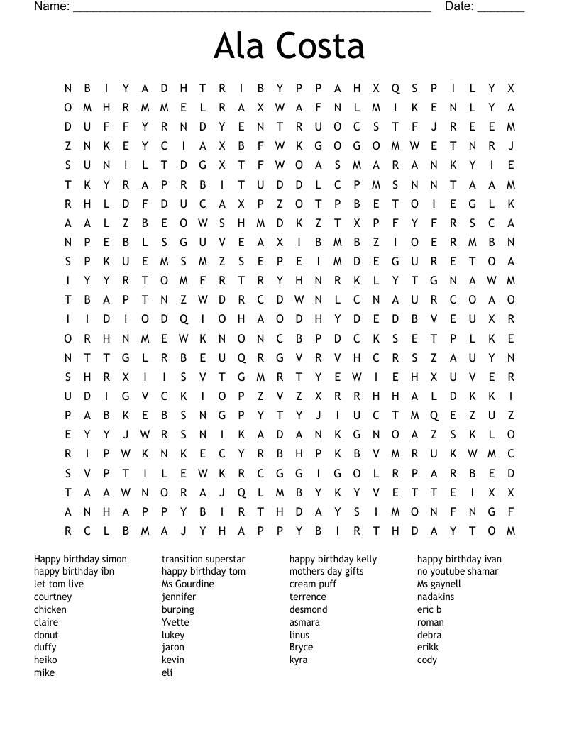 Ala Costa Word Search