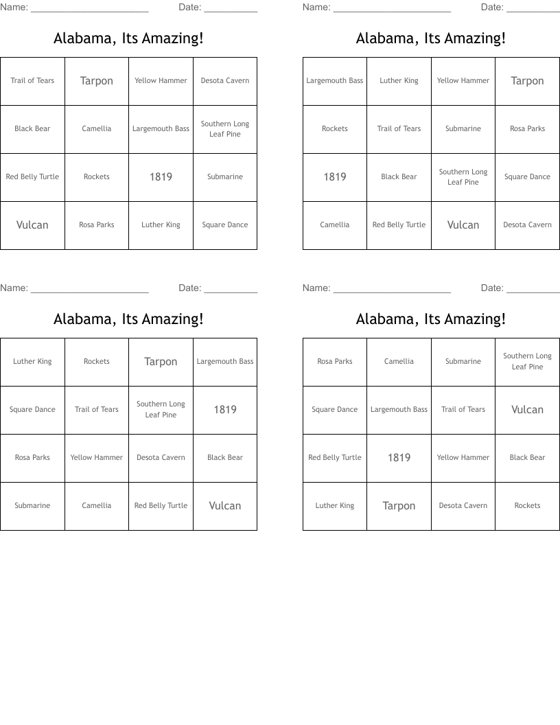 Alabama, Its Amazing! Bingo Cards