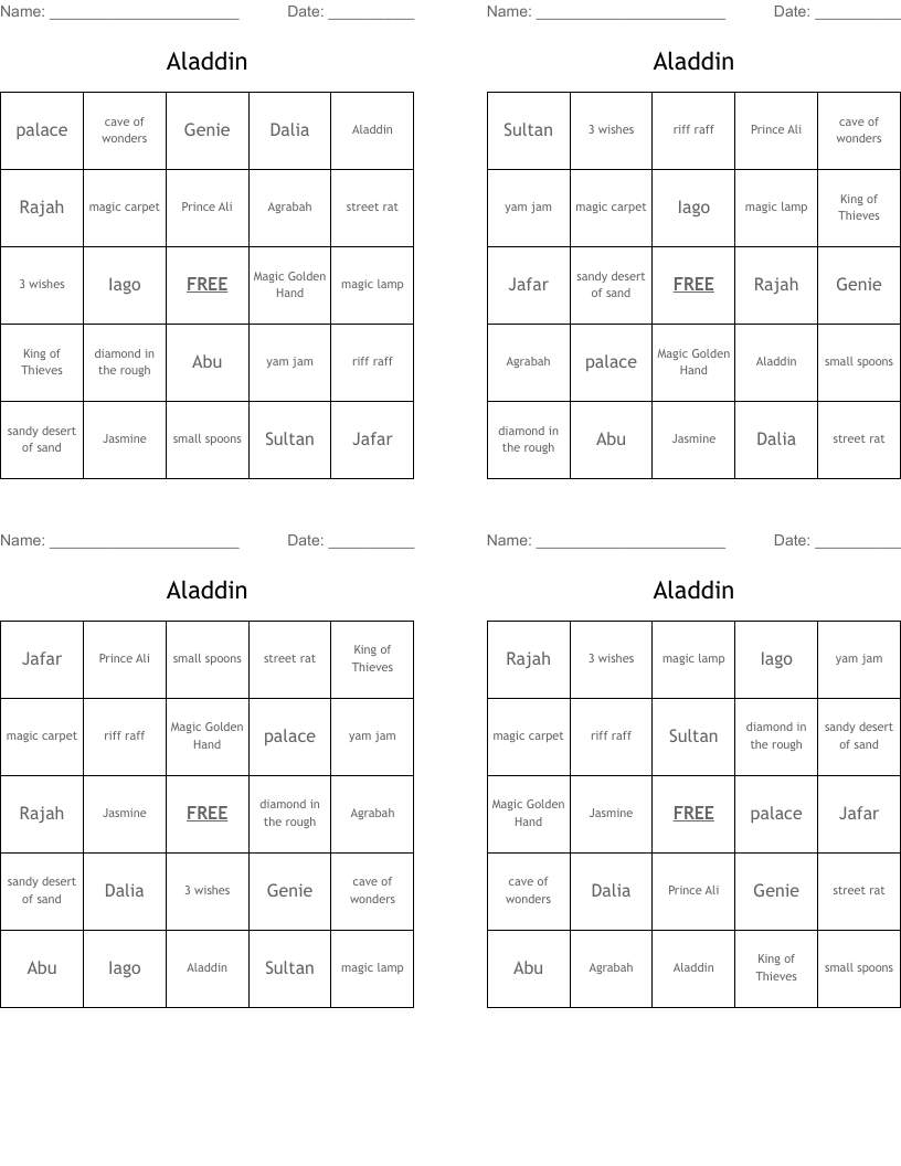 Aladdin Bingo Cards