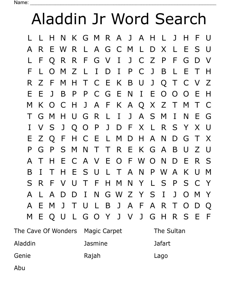 Aladdin Jr Word Search
