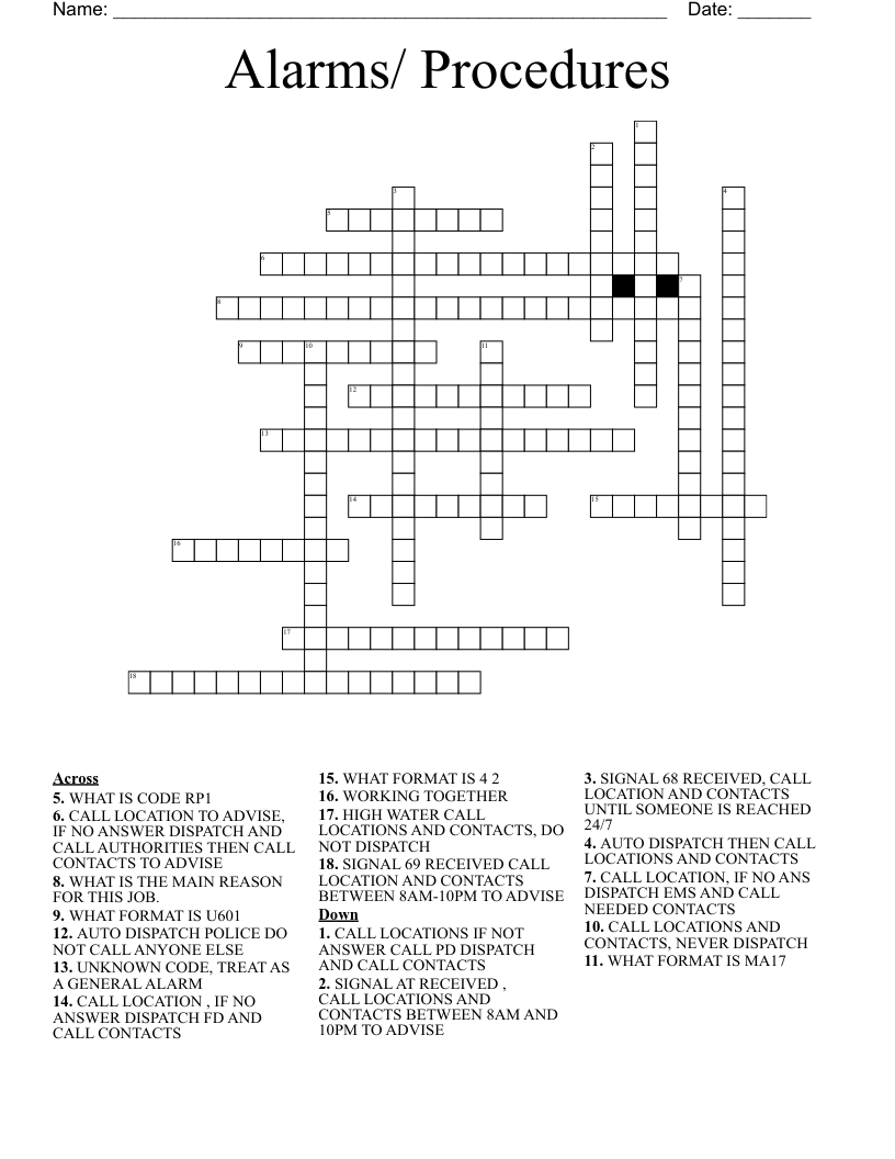 Alarms/ Procedures  Crossword