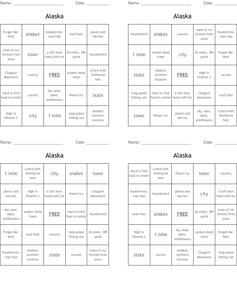Alaska Bingo Cards