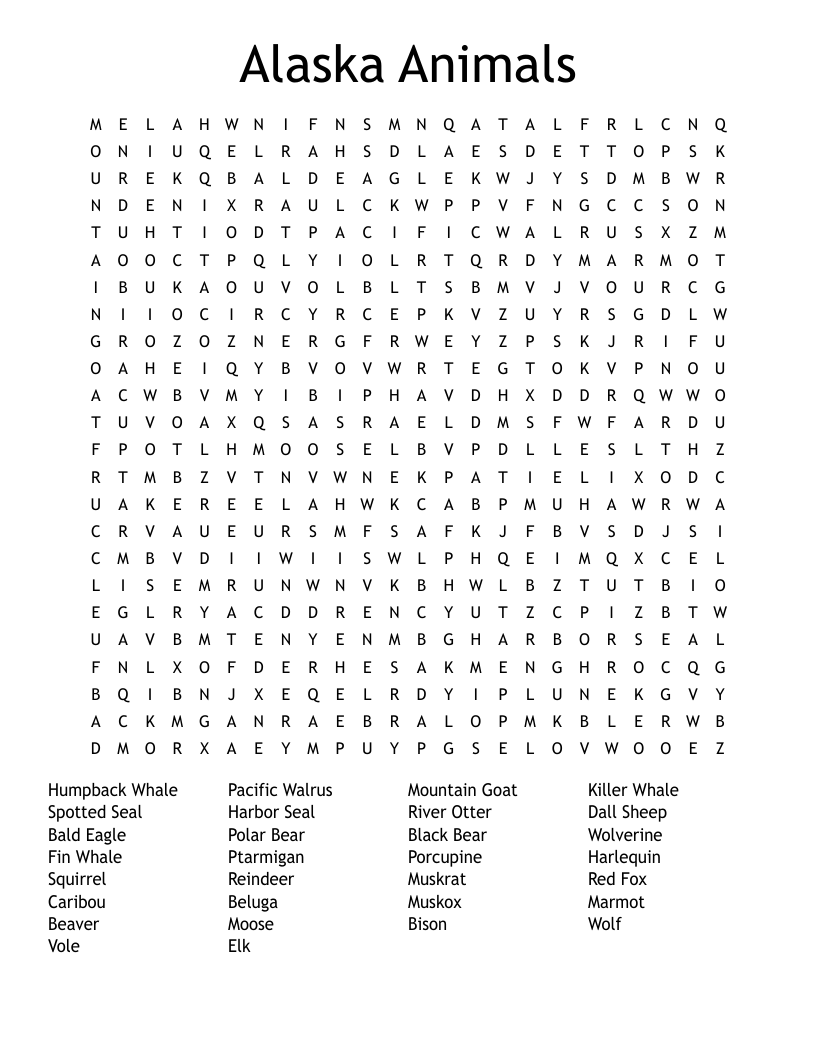 Alaska Animals Word Search