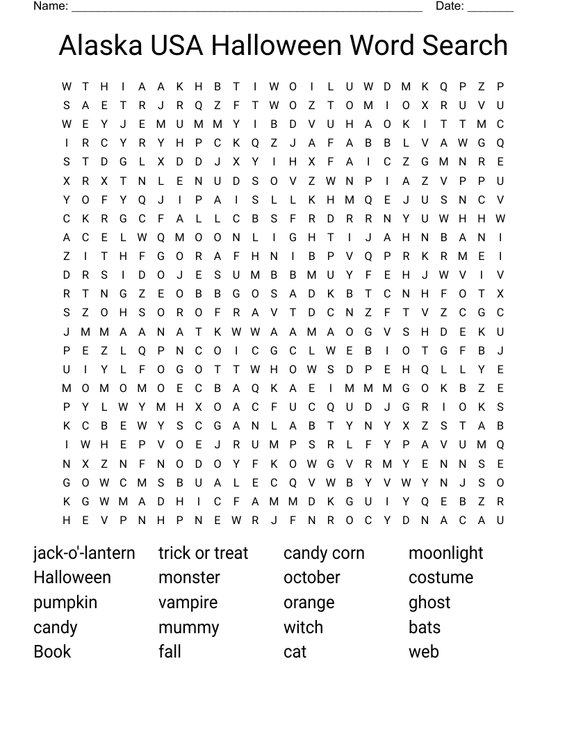 Alaska USA Halloween Word Search