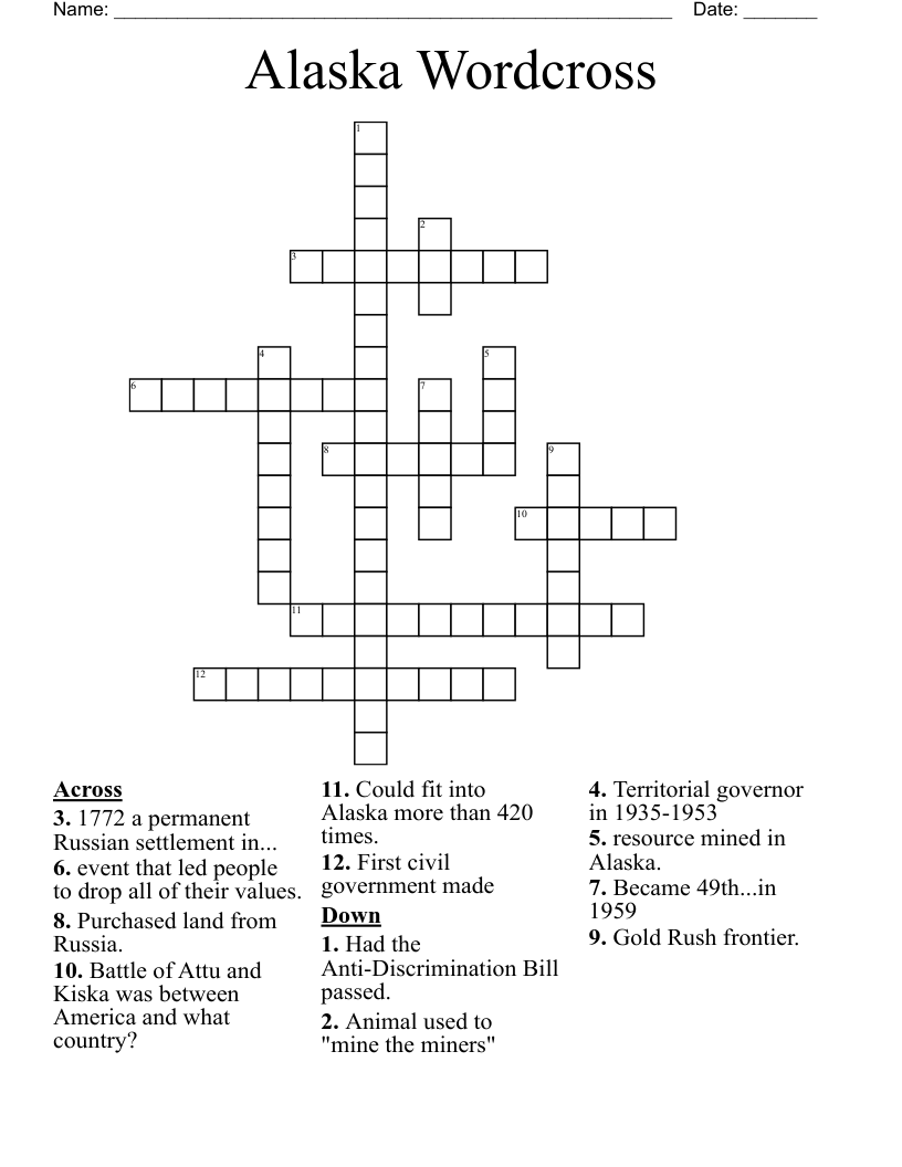 Alaska Wordcross Crossword
