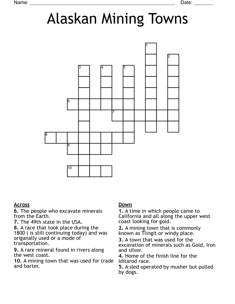 Alaskan Mining Towns Crossword
