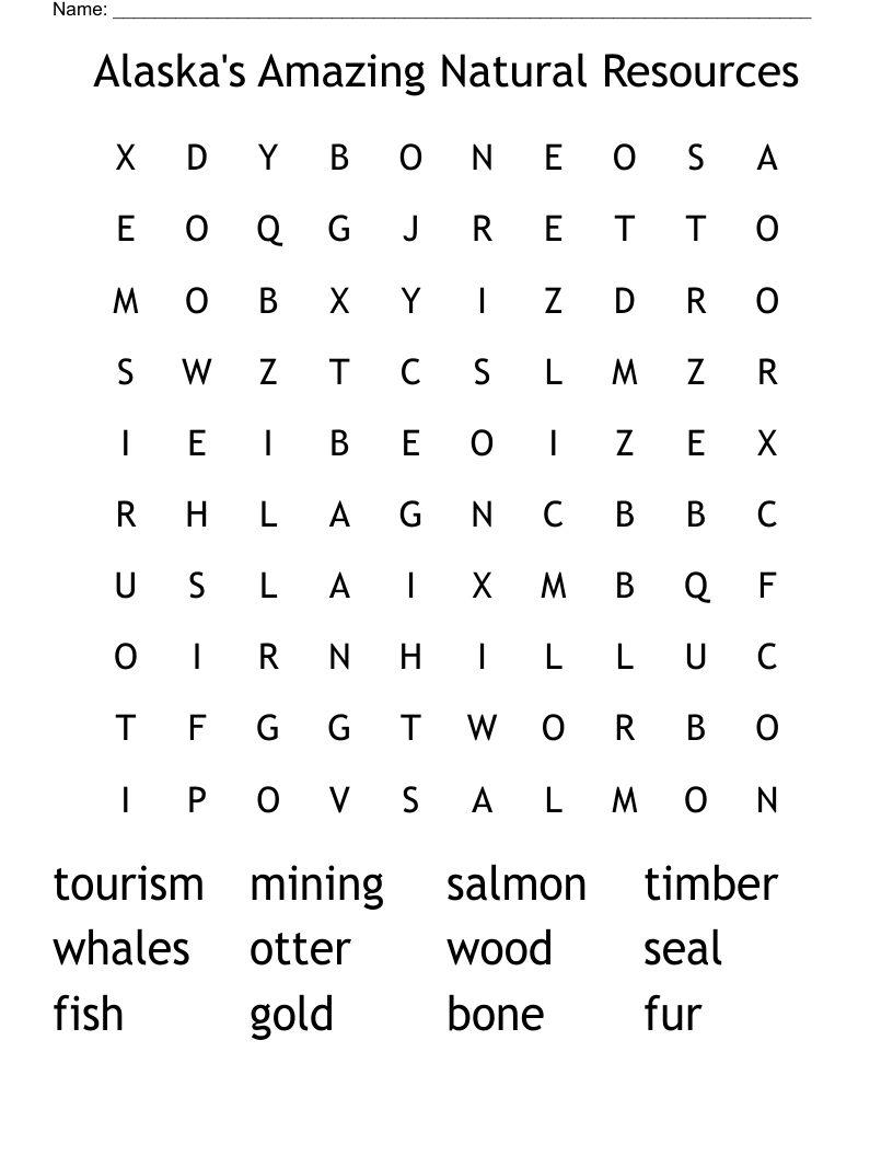 Alaska's Amazing Natural Resources Word Search