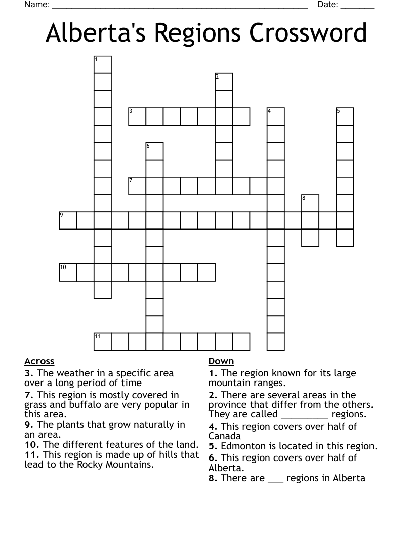 Alberta's Regions Crossword