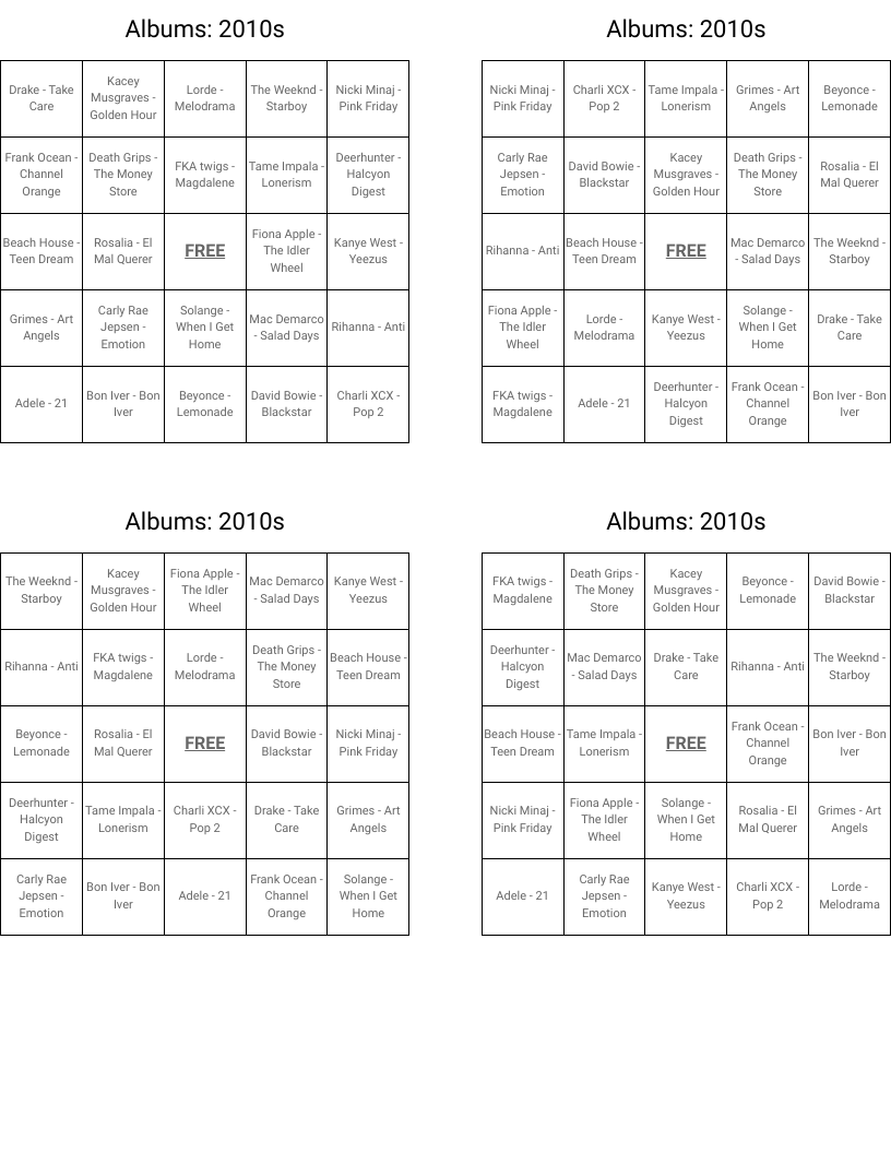 Albums: 2010s Bingo Cards