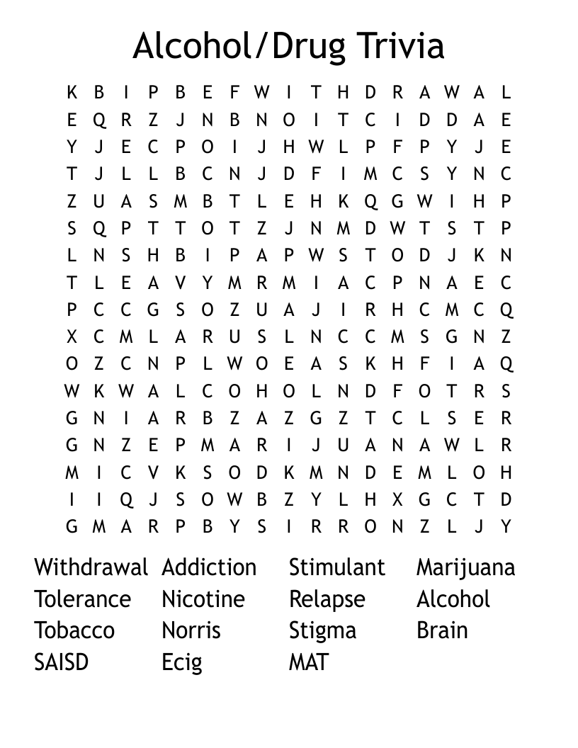 Alcohol/Drug Trivia Word Search