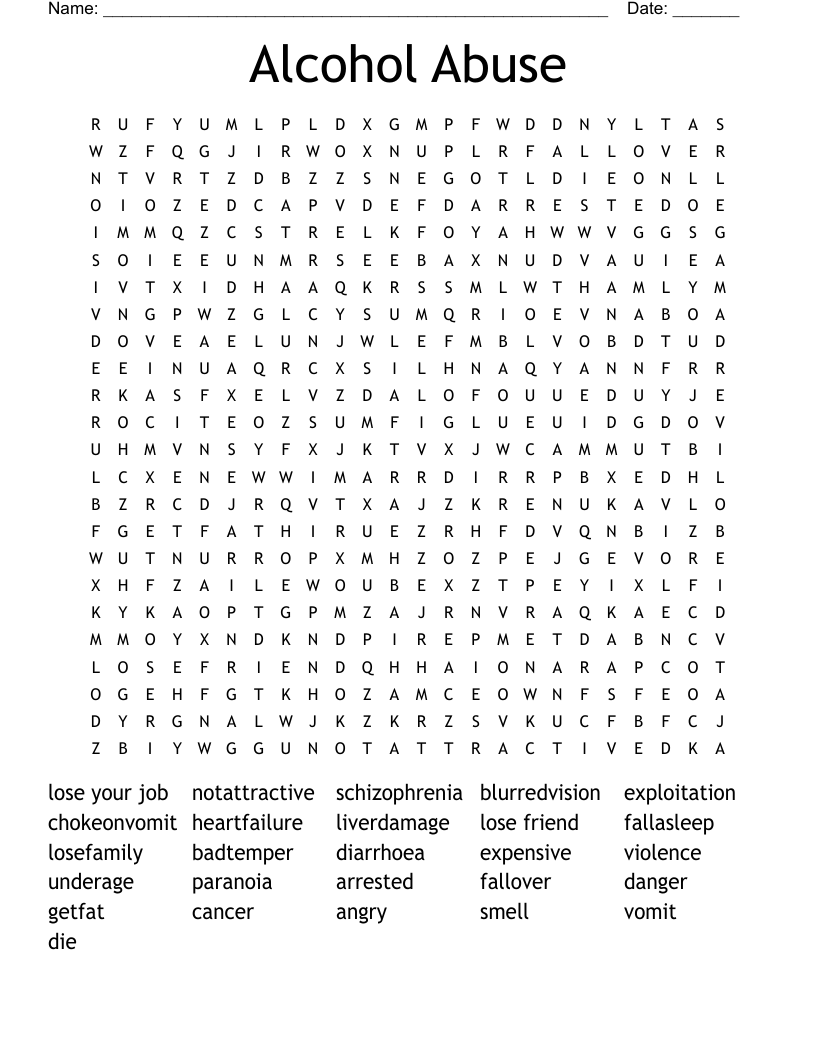 Alcohol Abuse Word Search