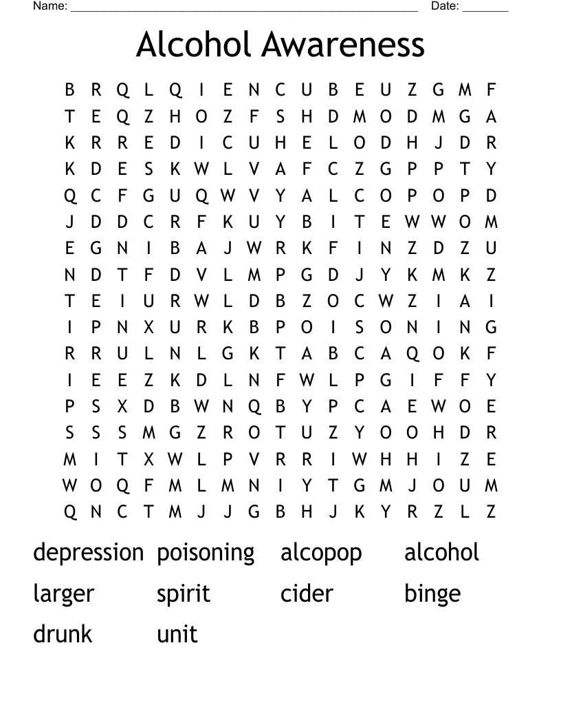 Alcohol Awareness Word Search