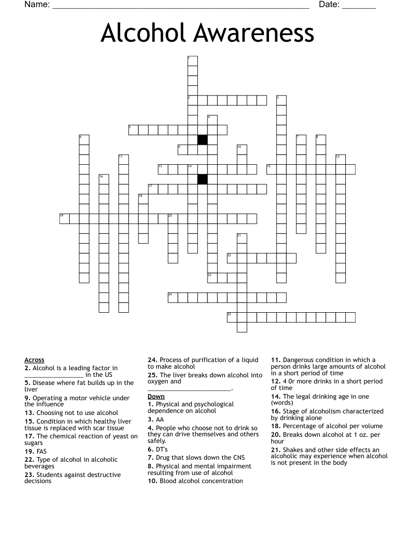 Alcohol Awareness Crossword