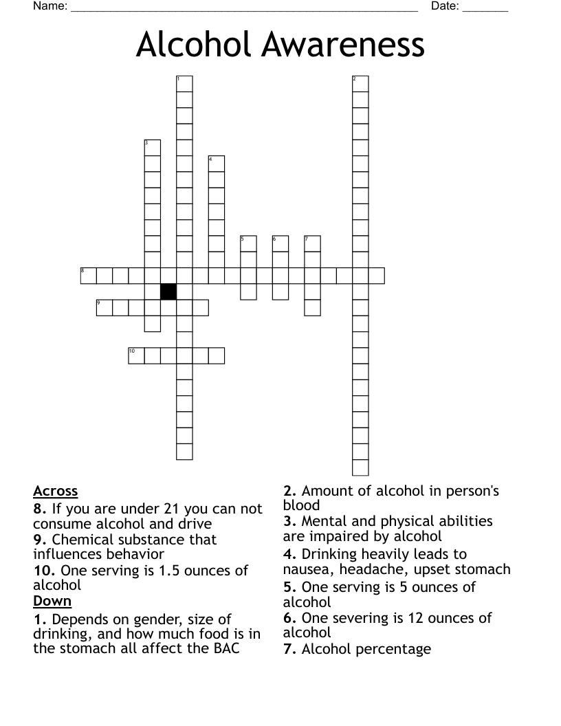 Alcohol Awareness Crossword