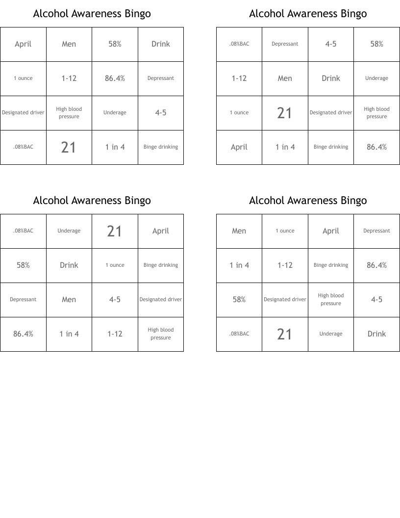 Alcohol Awareness Bingo