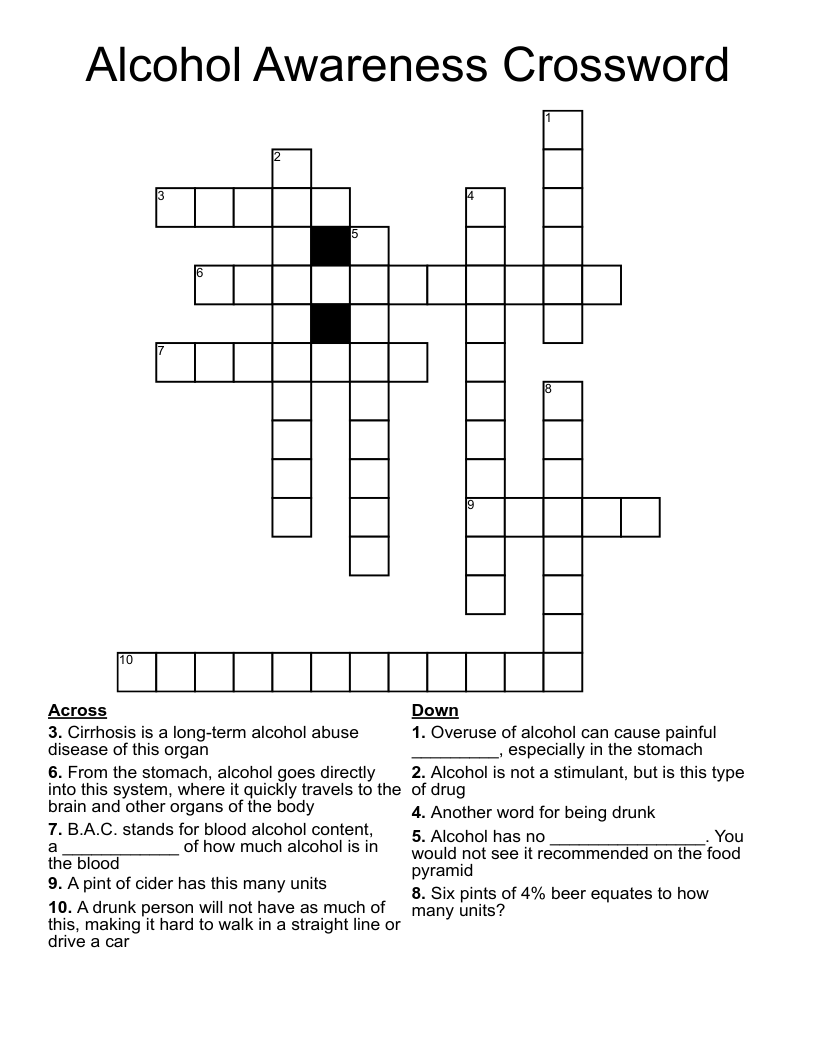 Alcohol Awareness Crossword