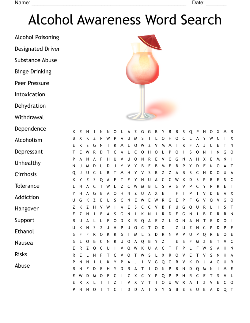 Alcohol Awareness Word Search 