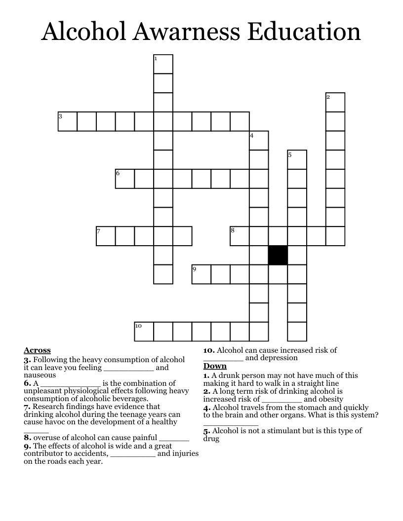 Alcohol Awarness Education Crossword
