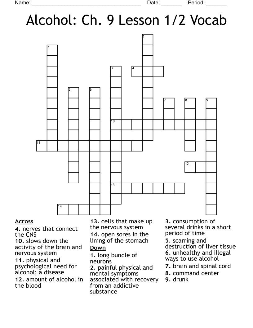 Alcohol: Ch. 9 Lesson 1/2 Vocab Crossword