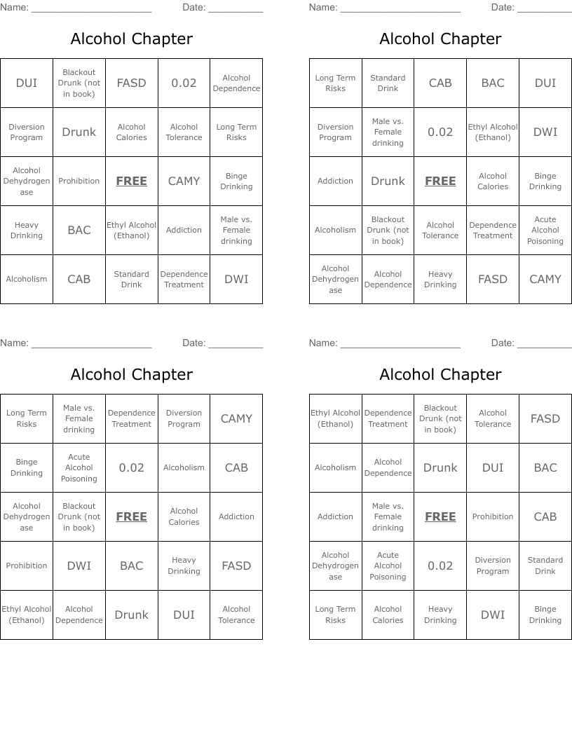 Alcohol Chapter Bingo Cards