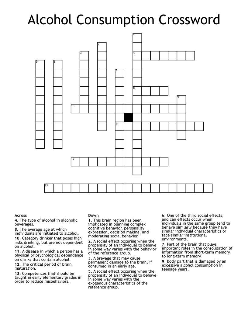 Alcohol Consumption Crossword 