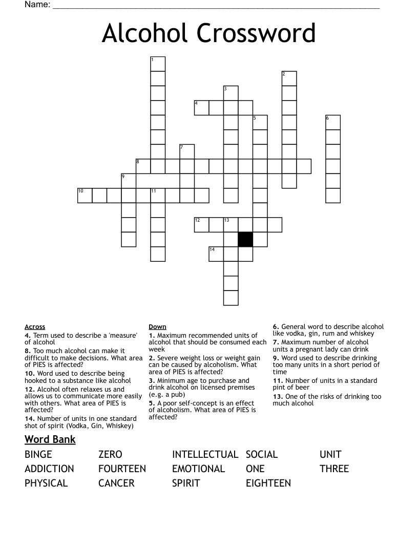 Alcohol Crossword