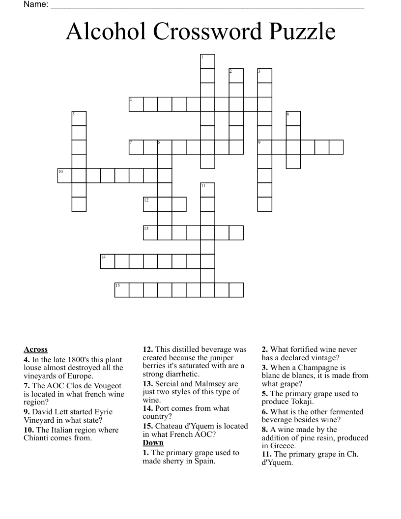 Alcohol Crossword Puzzle