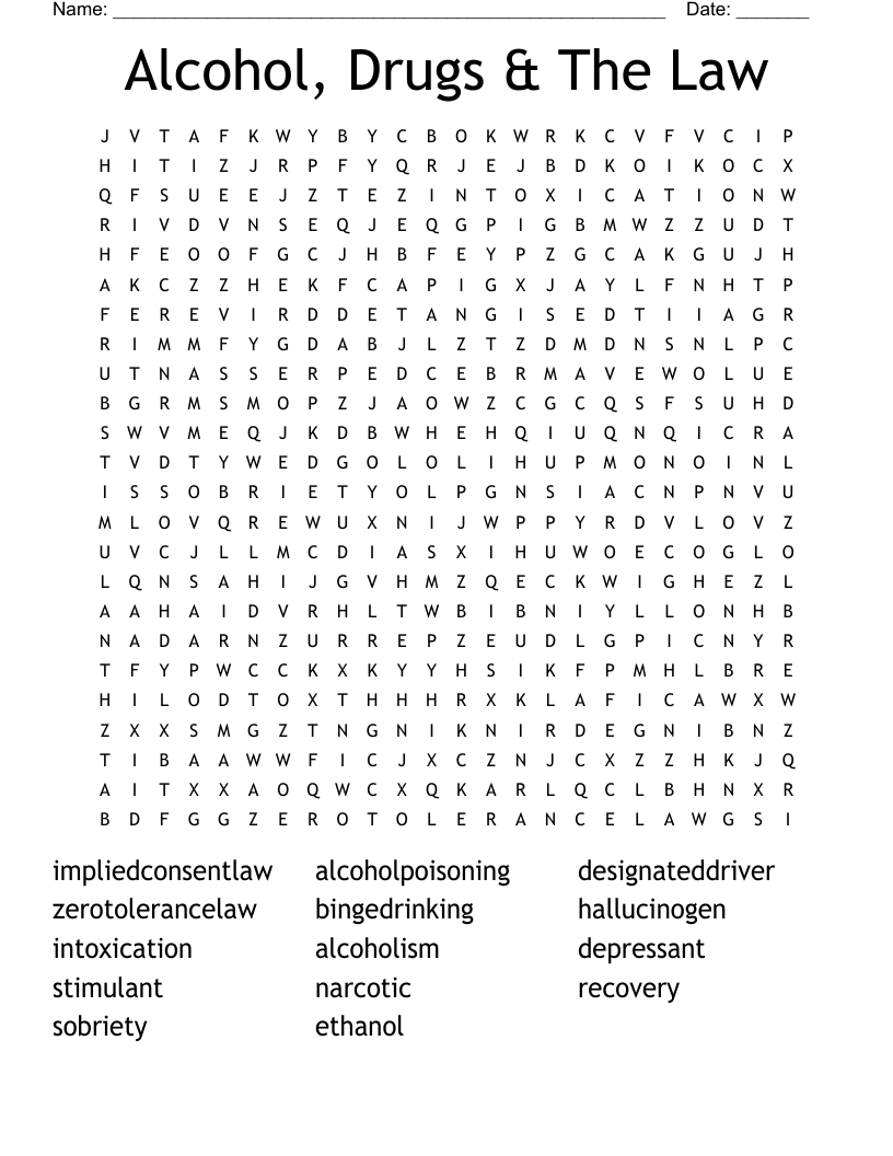 Alcohol, Drugs & The Law Word Search