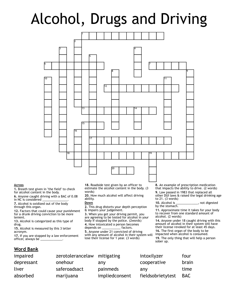 Alcohol, Drugs and Driving Crossword