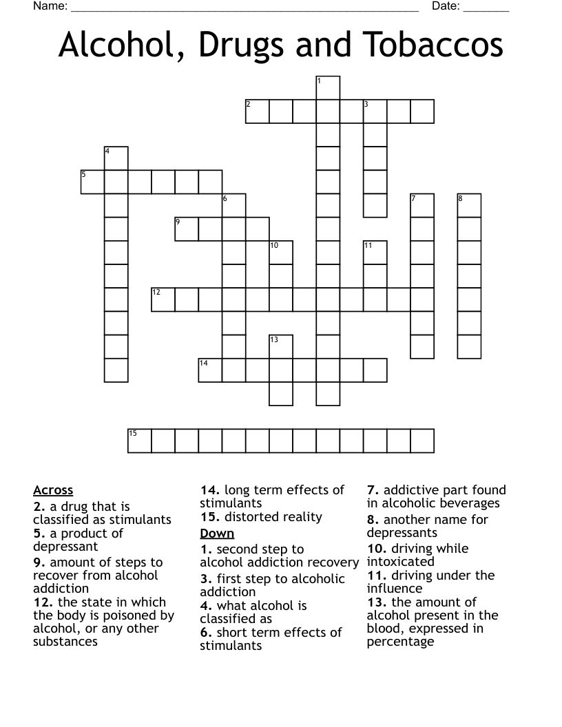 Alcohol, Drugs and Tobaccos Crossword