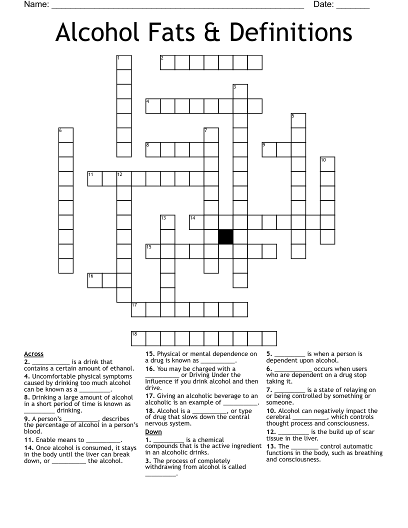 Alcohol Fats & Definitions Crossword