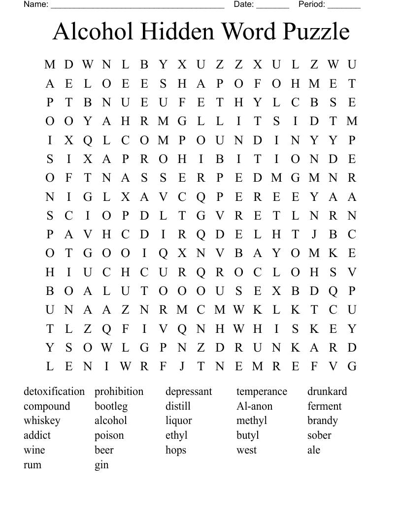 Alcohol Hidden Word Puzzle Word Search