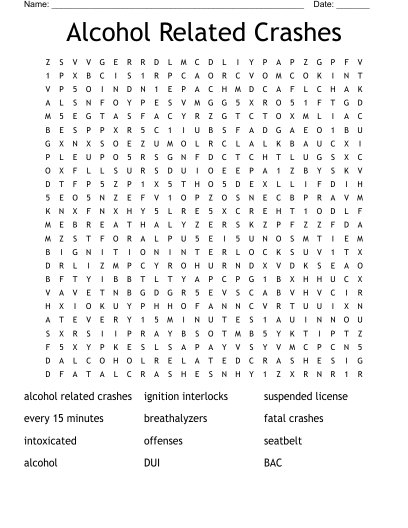 Alcohol Related Crashes Word Search